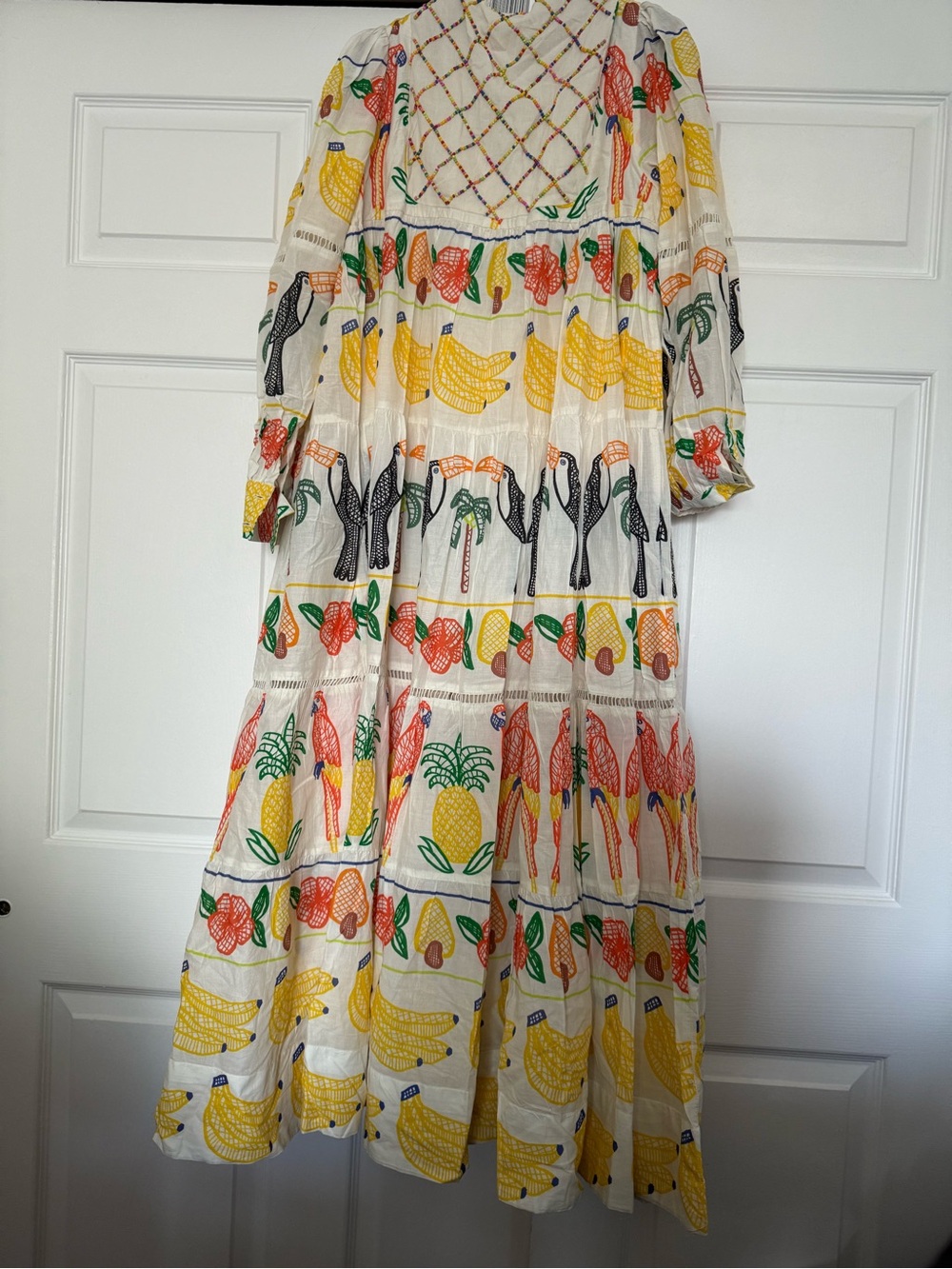 White Maxi Dress with Tropical Fruit & Parrot Print - Picture 3 of 8